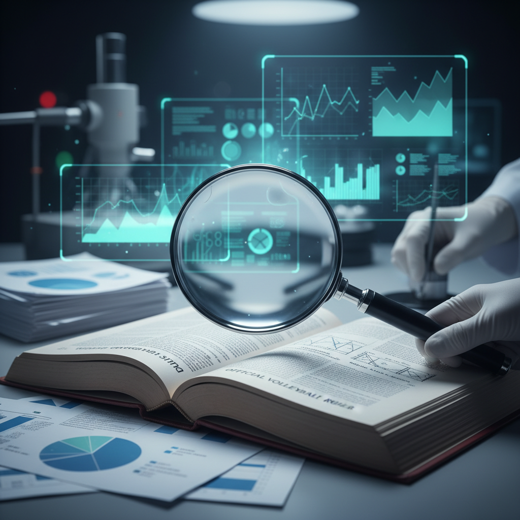 Scientific research concept in sports, documents, magnifying glass over volleyball rules book, analytical charts in background, photorealistic