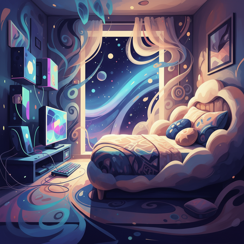 Teenager room abstract, gaming setup or comfy bed