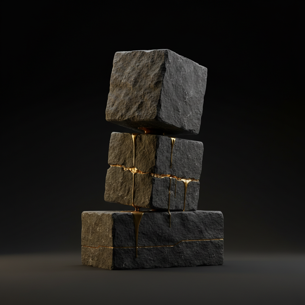 Minimalist abstract 3d concept art of stability, heavy stone blocks perfectly balanced, gold accents, dark background, cinematic quality