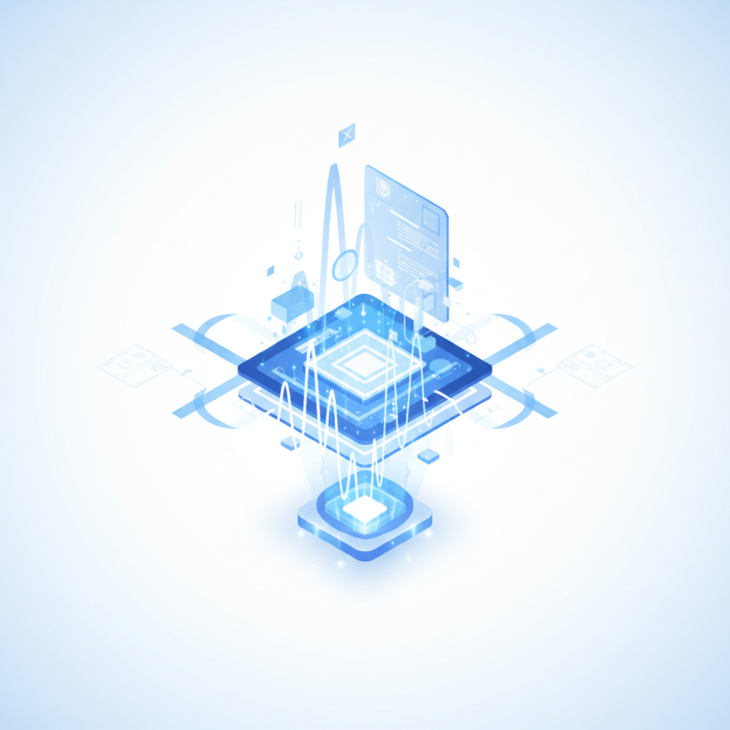futuristic isometric illustration of a digital document being generated from sound waves, clean minimal style, blue and white color scheme, technology concept