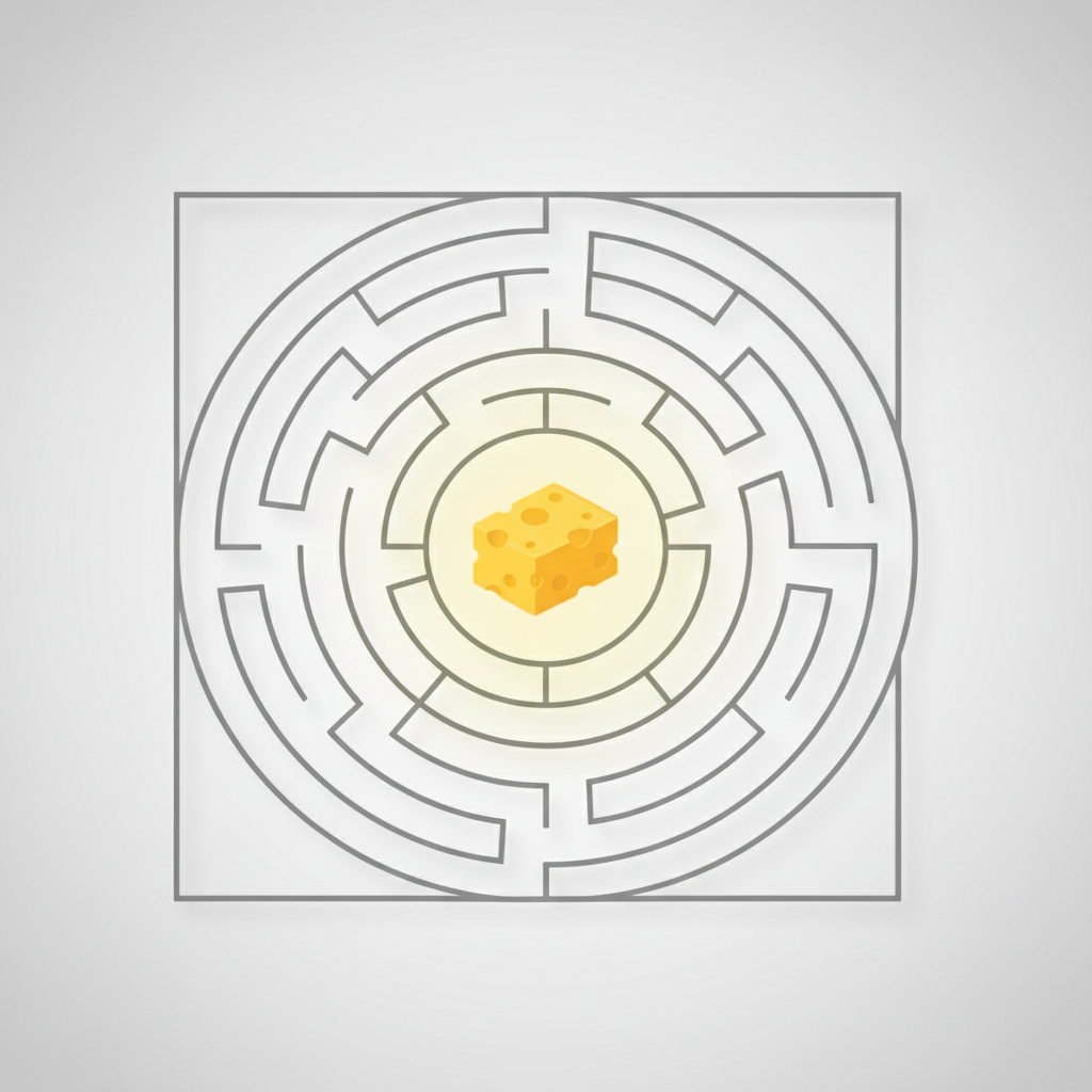A clean semi-flat illustration of a maze with a piece of bright yellow cheese glowing at the center. Neutral white and gray background. Minimalist modern style.