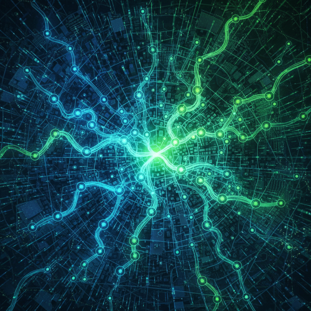 A stylistic map visualization showing glowing connection nodes spreading across a city grid, representing a growing network of home kitchens, blue and green color scheme
