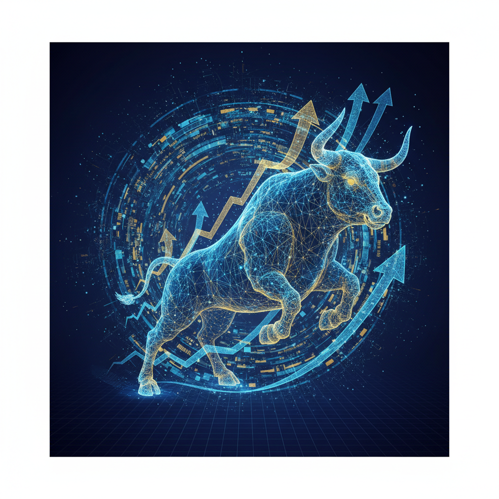 Conceptual illustration of a stock market bull, financial growth, digital wireframe style, blue and gold colors