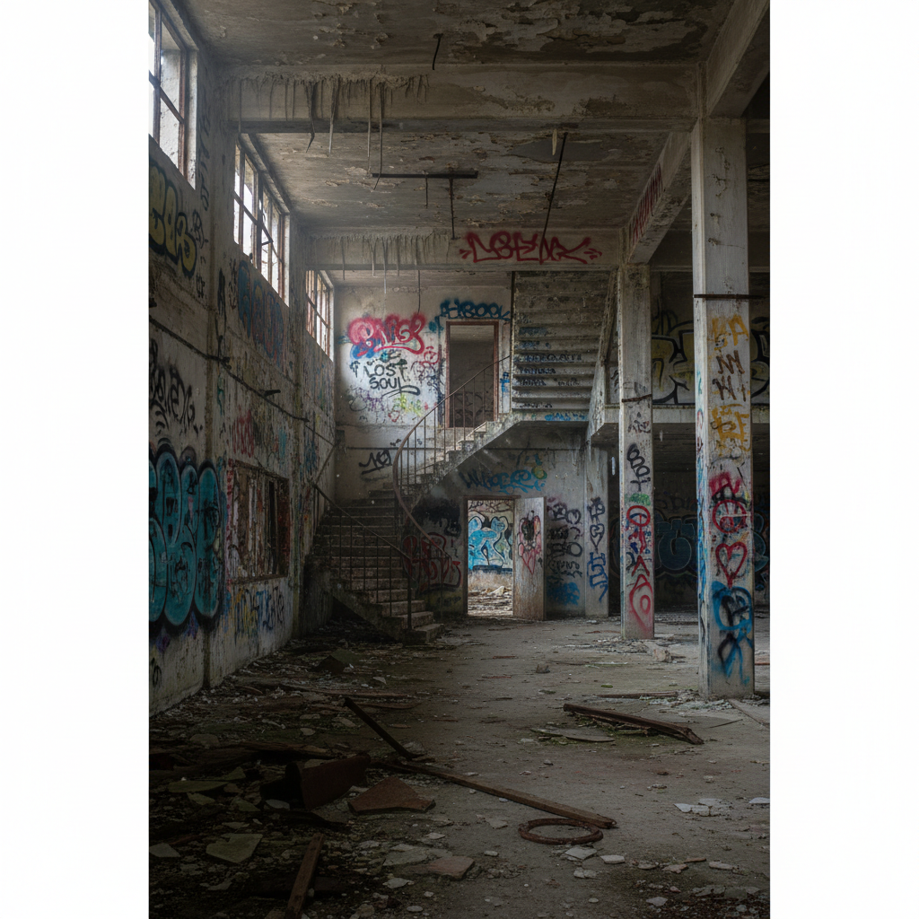 gritty abandoned building interior with graffiti, dark urban exploration vibe, eerie atmosphere, cinematic