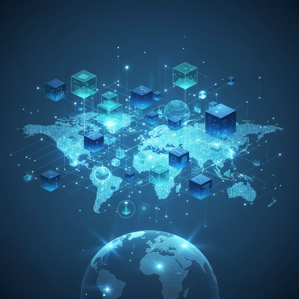 Abstract digital archive visualization, organized data blocks connecting globally, shades of corporate blue and teal, high tech, minimal