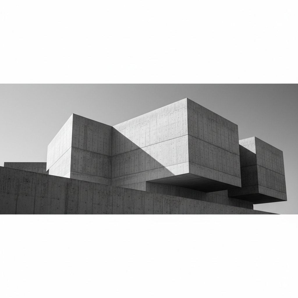 abstract minimalist architectural concrete structure, dramatic lighting, sharp shadows, monochromatic artistic photography, low angle view