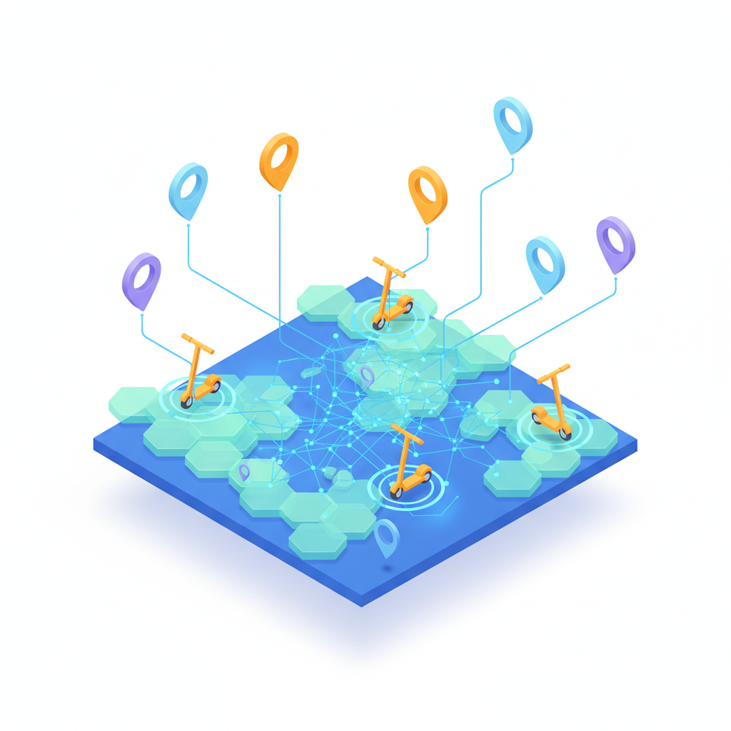 Isometric 3D illustration of a digital network connecting yellow scooter icons and user pins on a map, minimal style on white background, business logistics concept