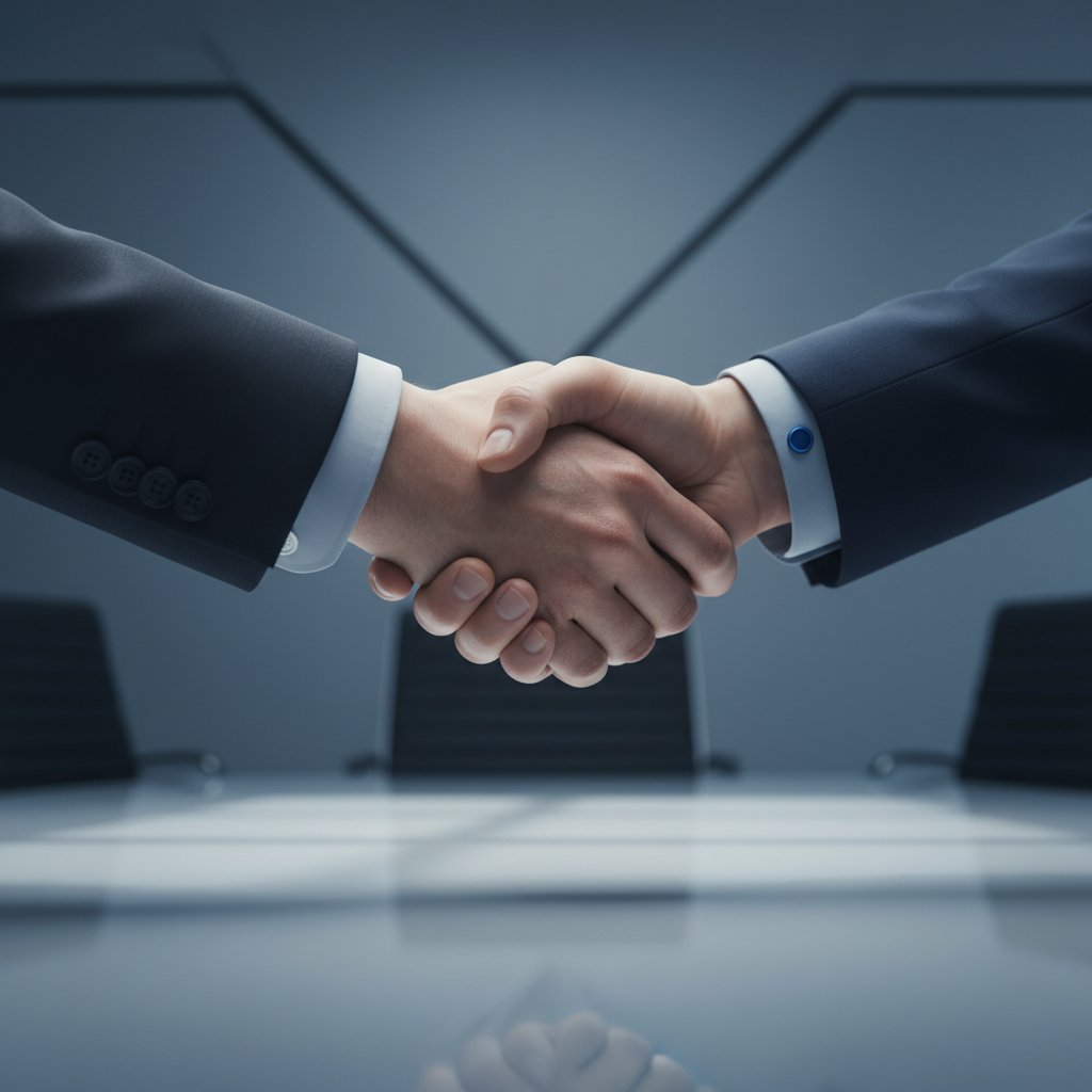 two professional hands shaking over a negotiation table, business style, minimalism, blue and grey tones