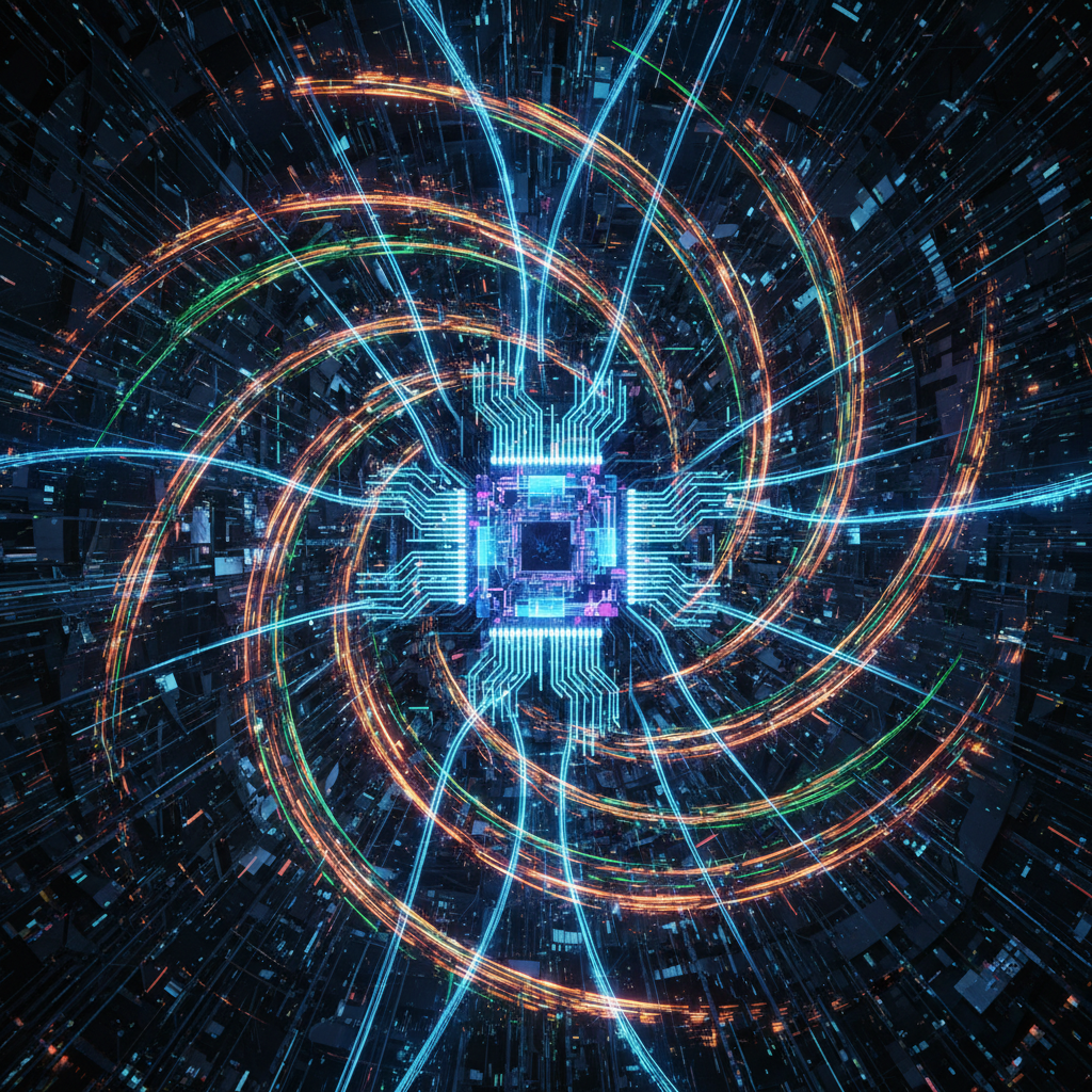 A metaphorical depiction of high speed data processing, light streaks moving rapidly through a central processor, dark cybernetic style