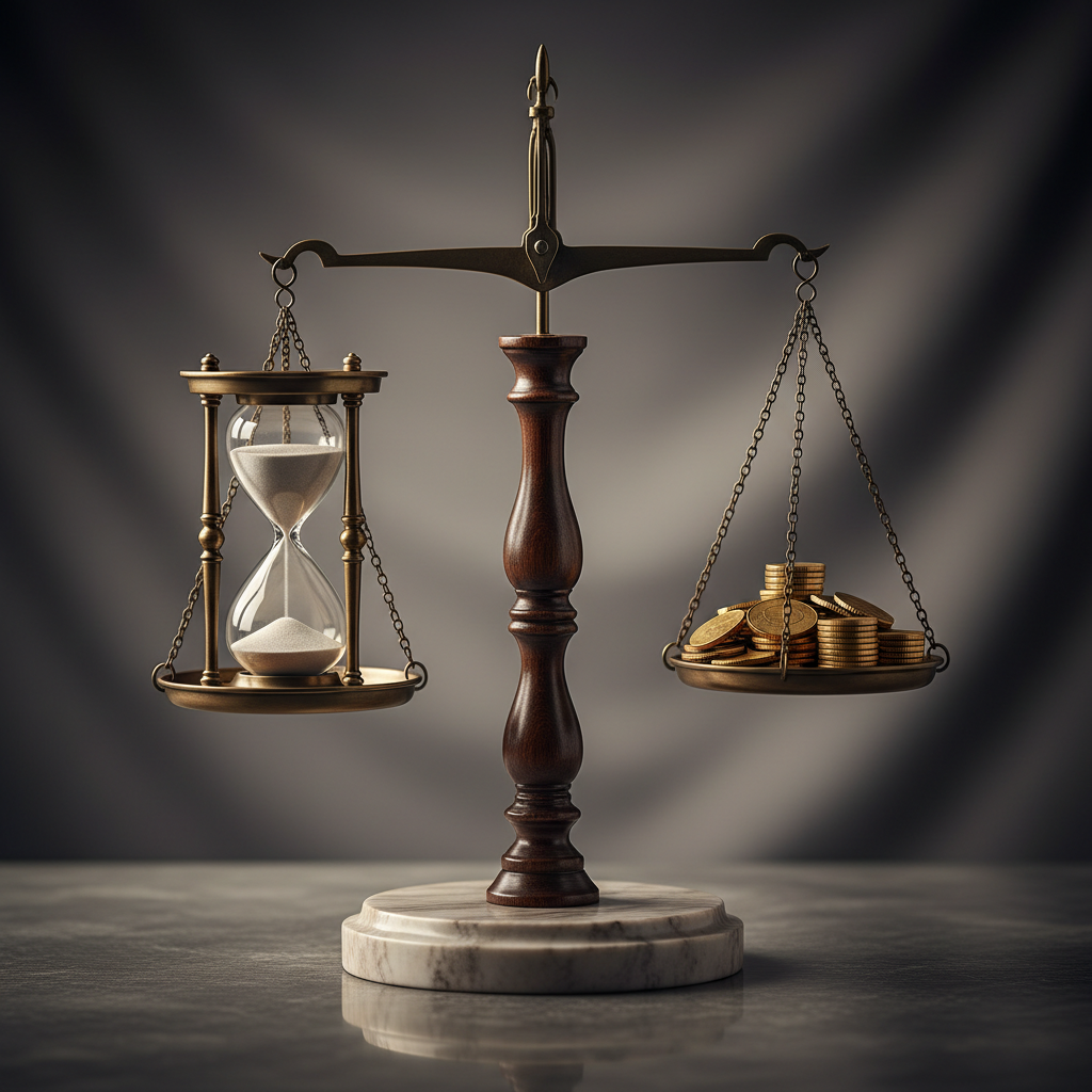 Classical balance scale illustrating time on one side (hourglass) and gold coins on the other side, highly detailed, photorealistic, studio lighting