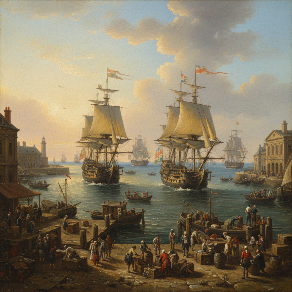18th century merchant ships leaving a bustling port, open sea, concept of free trade and exploration, oil painting style