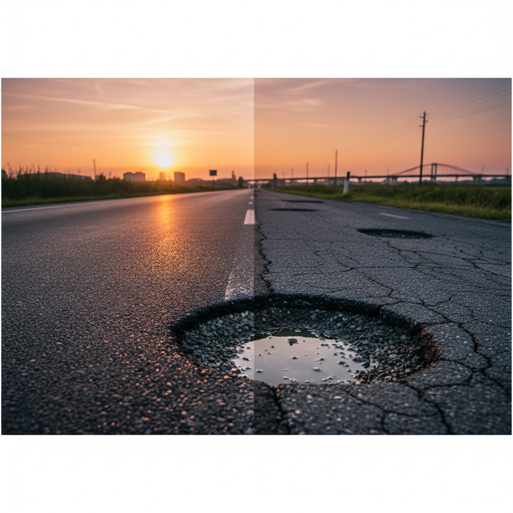 Cinematic low-angle shot of an asphalt road, split composition, one side smooth and clean, the other side weathered with a distinct pothole, sunrise lighting, professional engineering style