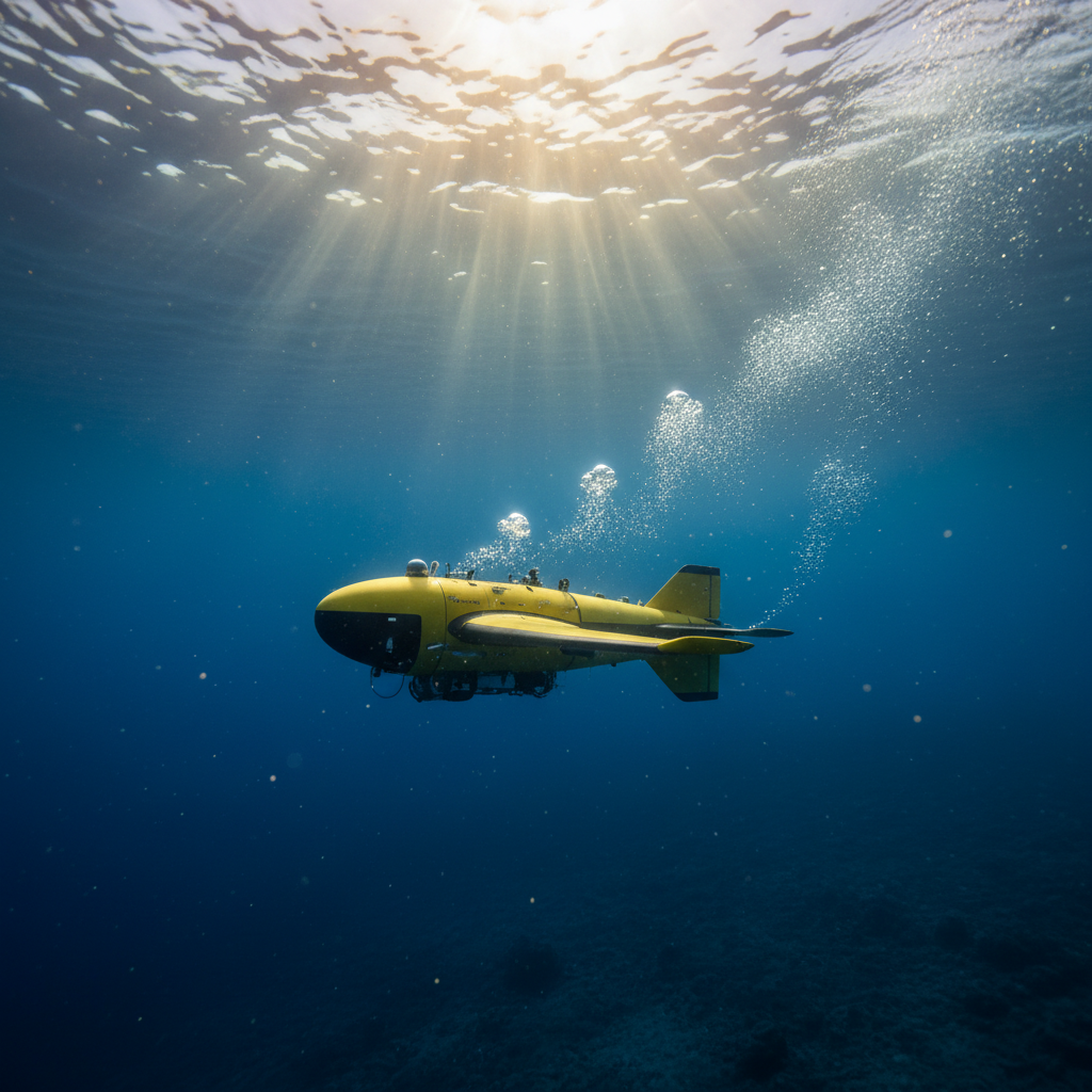 Underwater scene showing a yellow yellow autonomous underwater vehicle (AUV) or glider navigating deep blue ocean water, shafts of sunlight from above, bubbles, realistic