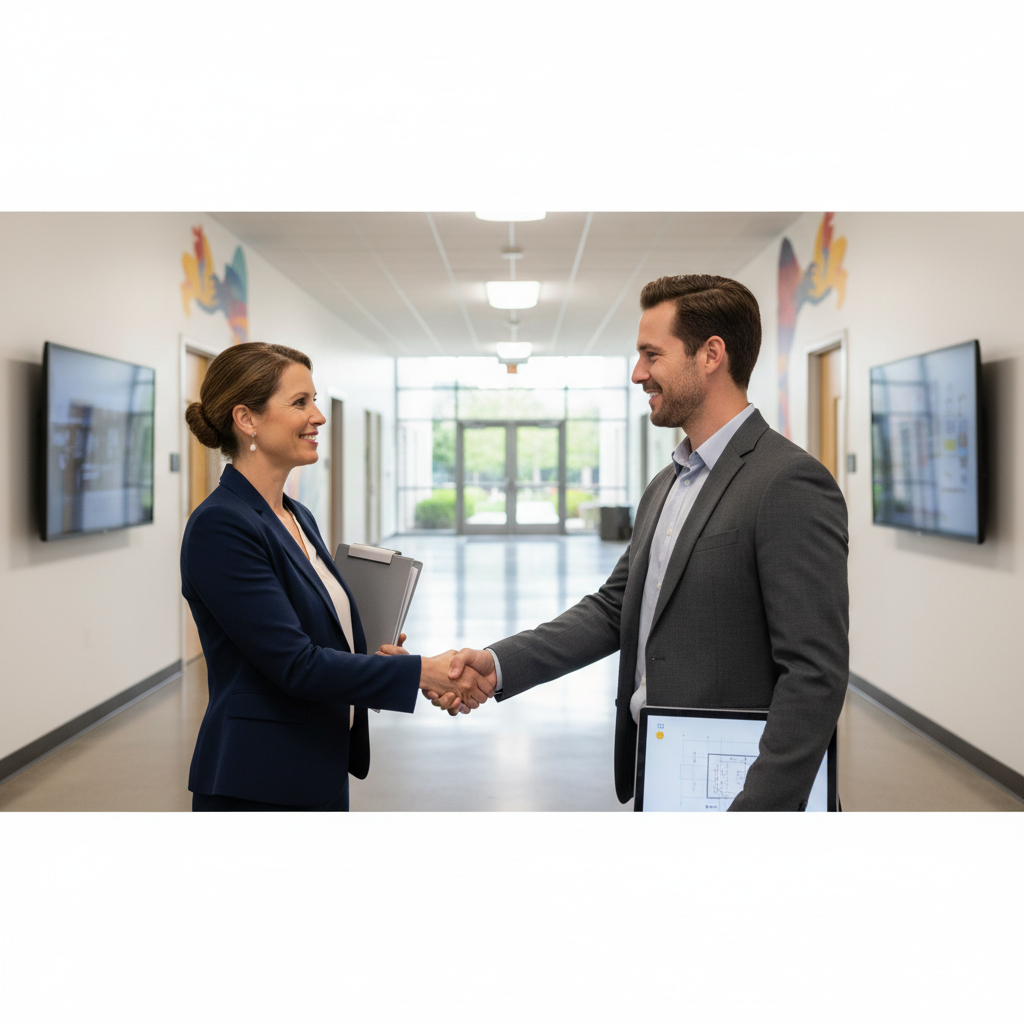 Warm handshake between education administrator and technology consultant in a modern school hallway