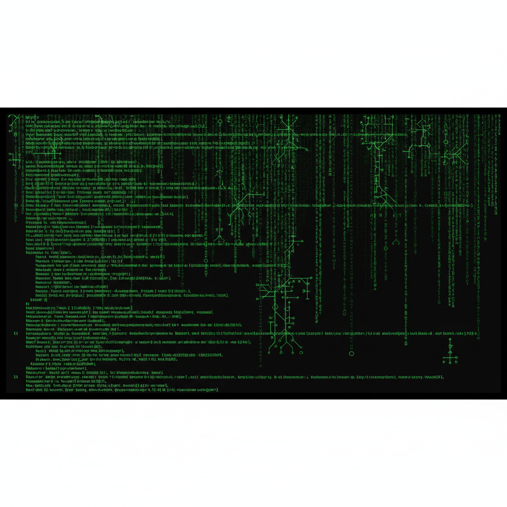 computer screen displaying a matrix-style terminal execution log, green text on black background, showing lines like 'Miner A started...', 'Hash calculated...', blockchain data scrolling