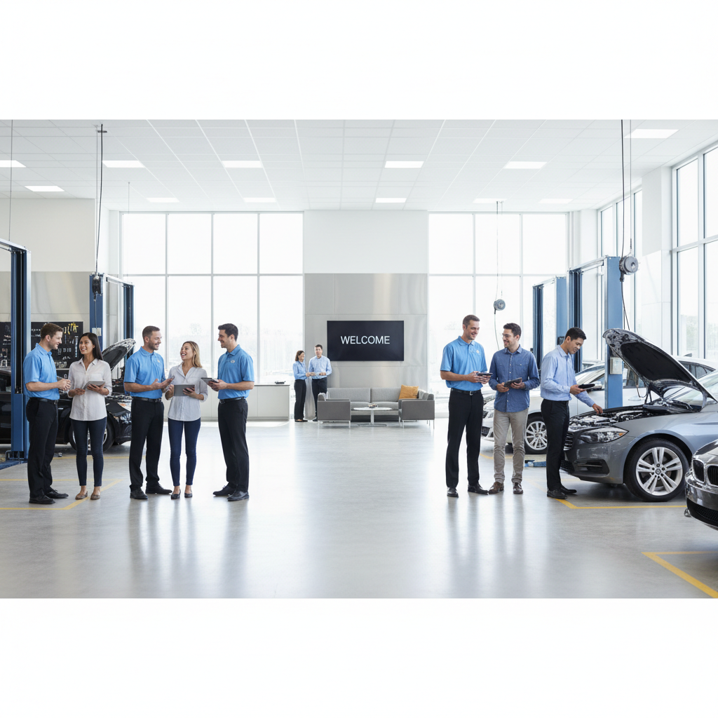 Diverse group of happy automotive employees and customers in a modern clean service center, bright lighting, corporate photography style