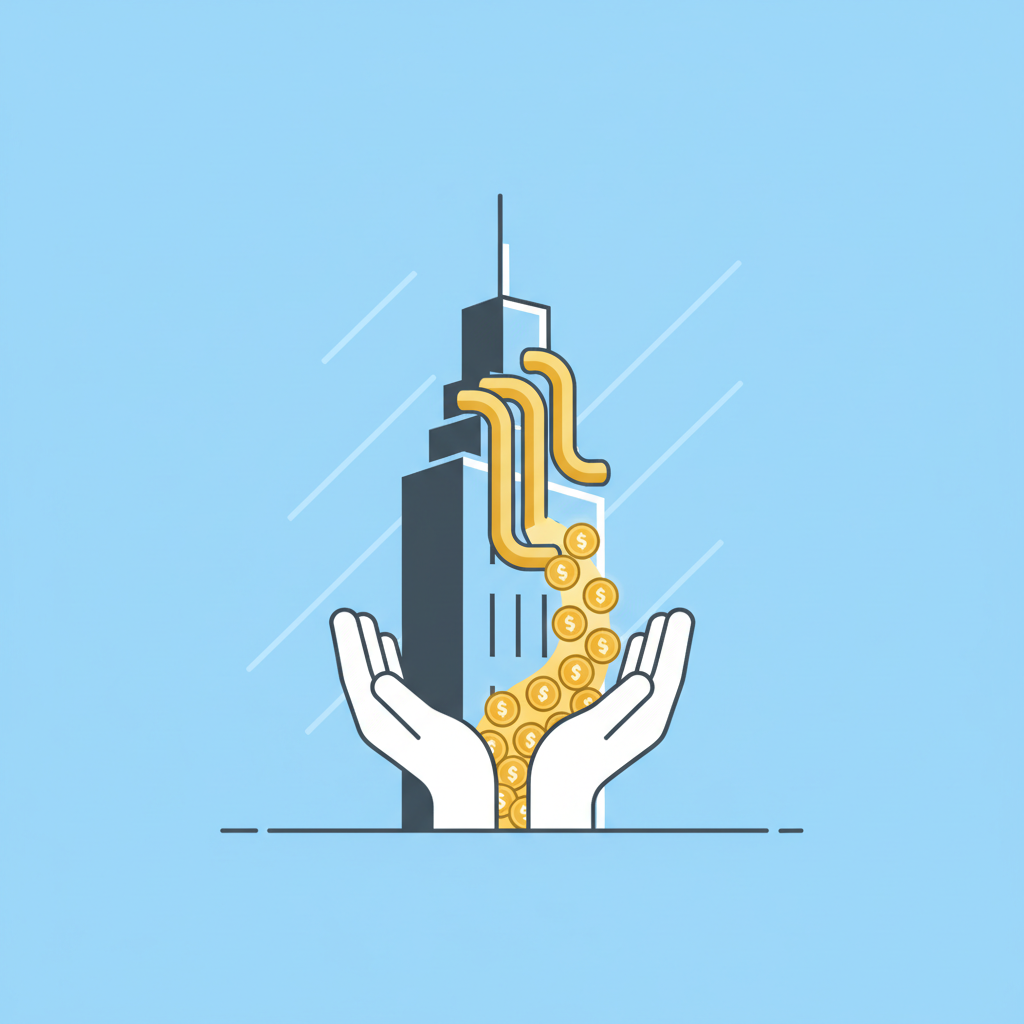 minimalist illustration of a corporate building with water pipes flowing gold coins into waiting hands, simple vector style