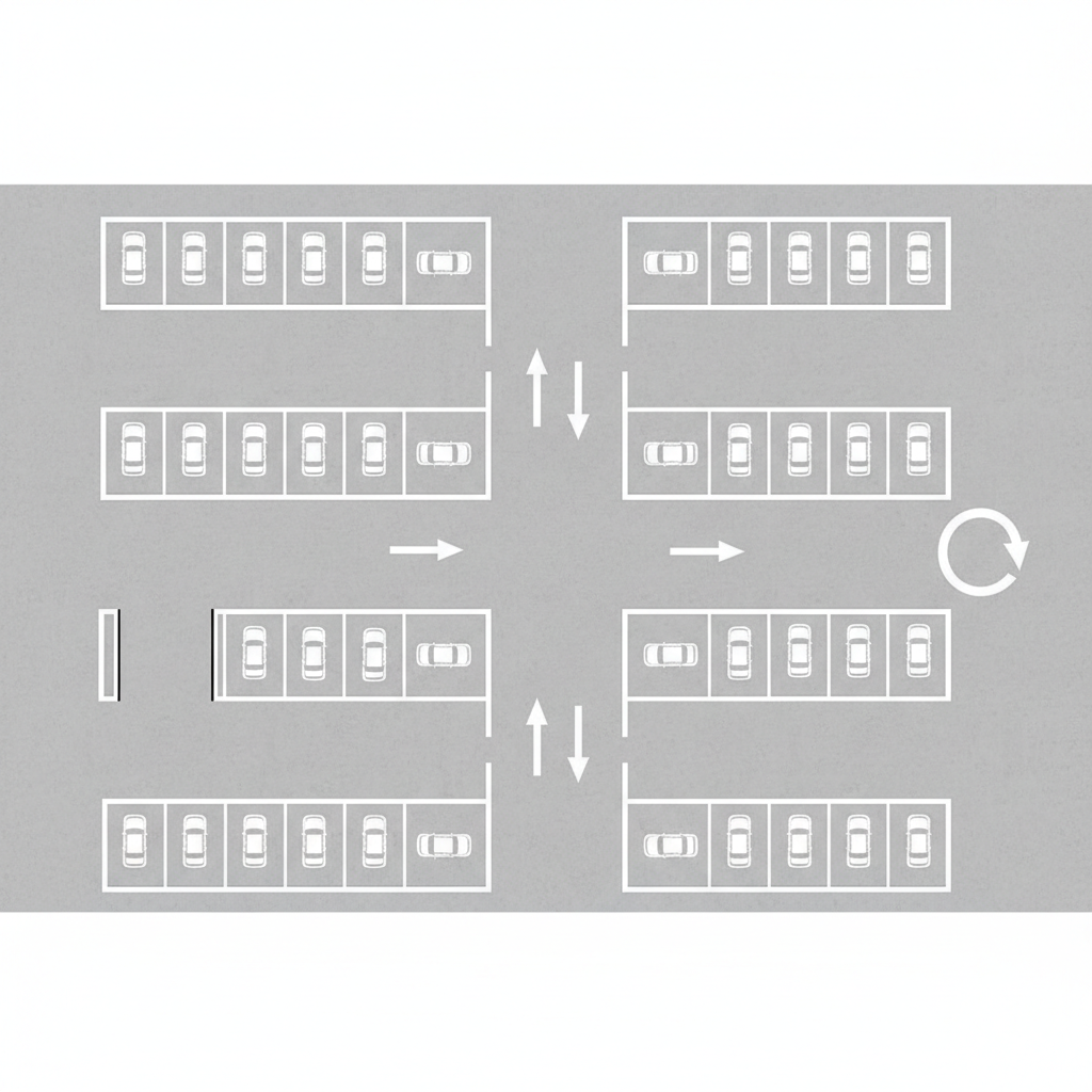 Top-down diagrammatic render of an indoor concrete car park layout showing white line markings for parking lots and a driving aisle, high contrast, clean lines