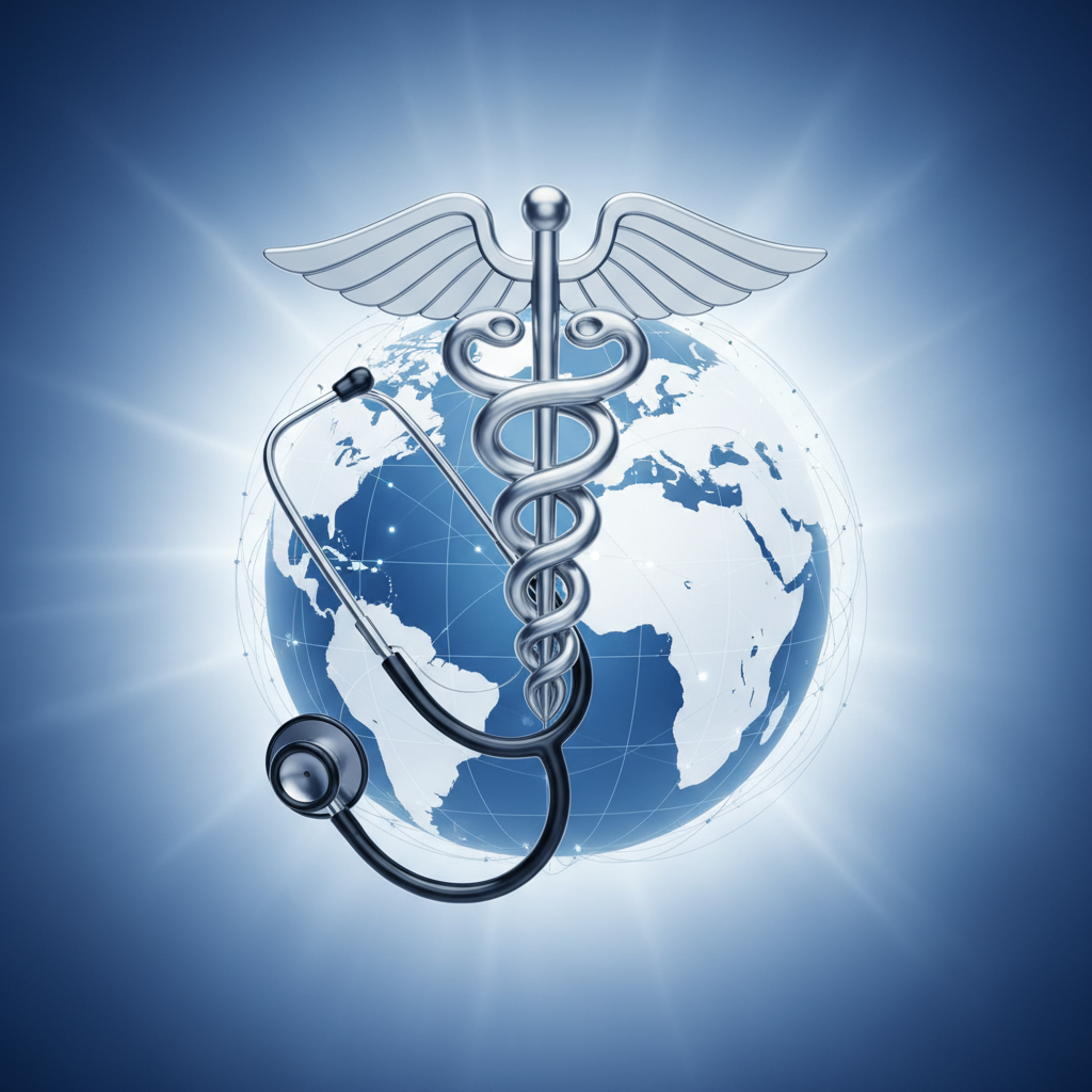 Clean medical symbol or stethoscope on a globe background, representing global healthcare travel, professional blue and white theme