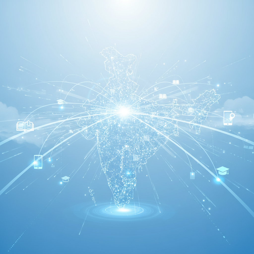 Illustration of a map of India connected by digital nodes and glowing lights representing connectivity and education spreading, sky blue and white color theme