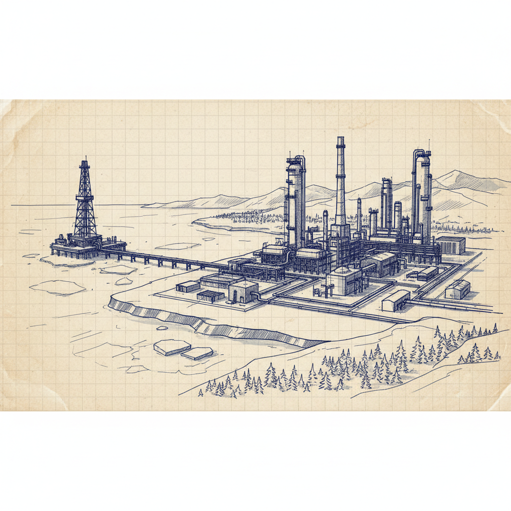 Oil rig refinery stylized sketch blueprint engineering siberia