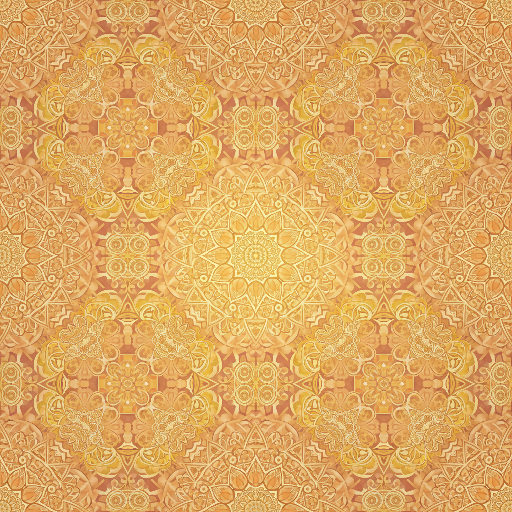 Abstract background featuring intricate Indian mandala art, soft faded orange and gold colors, seamless pattern