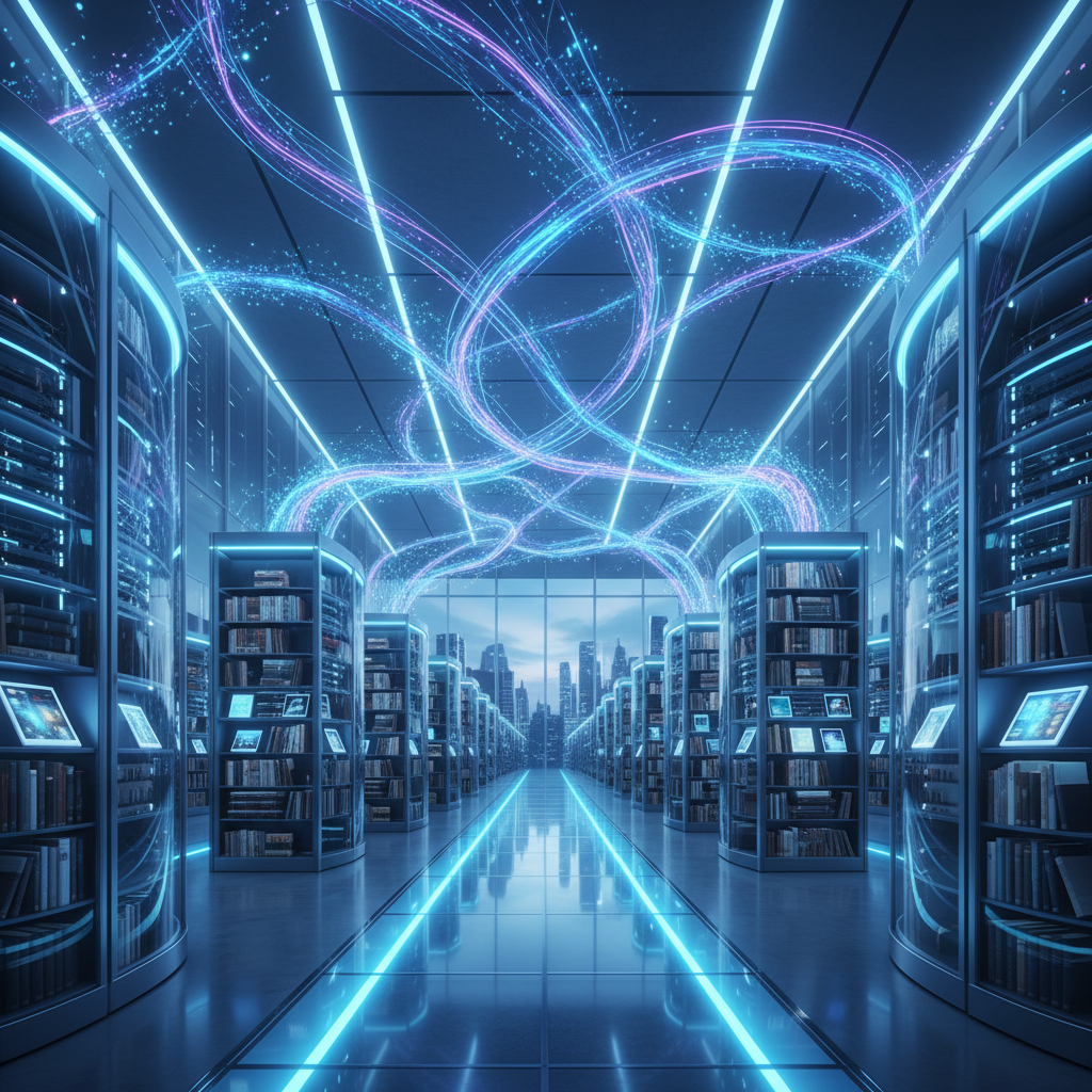 A modern digital library concept, rows of glowing server racks merging with physical bookshelves, abstract digital data streams connecting books, blue and clean aesthetic, photorealistic 8k