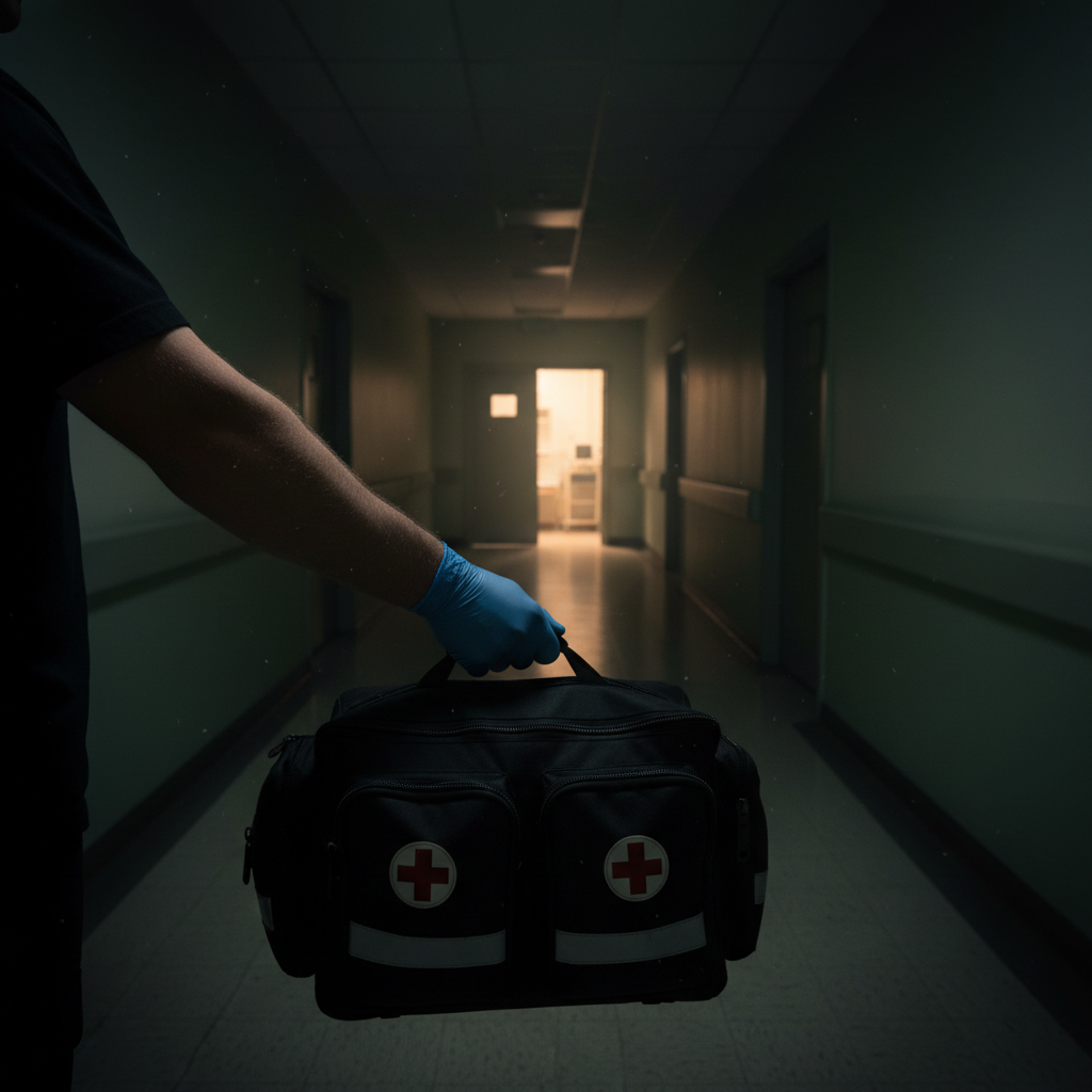First person perspective of a paramedic holding a medical bag looking down a dimly lit hallway towards an open door, dark cinematic lighting, realistic style