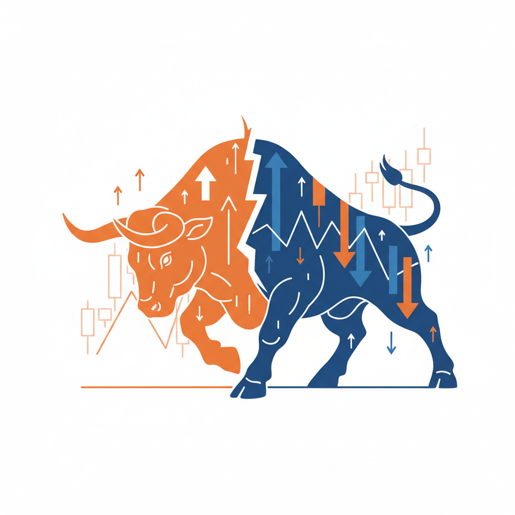 Line art illustration of a powerful bull, split color orange and blue, symbolizing financial markets, white background