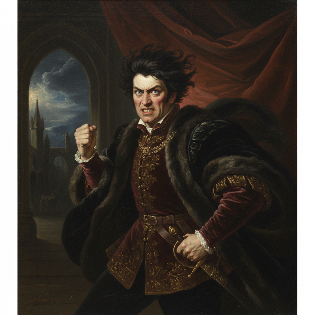Portrait of actor Edmund Kean in the role of Richard III, intense eyes, wild hair, dramatic pose, dark theatrical background, 19th century painting