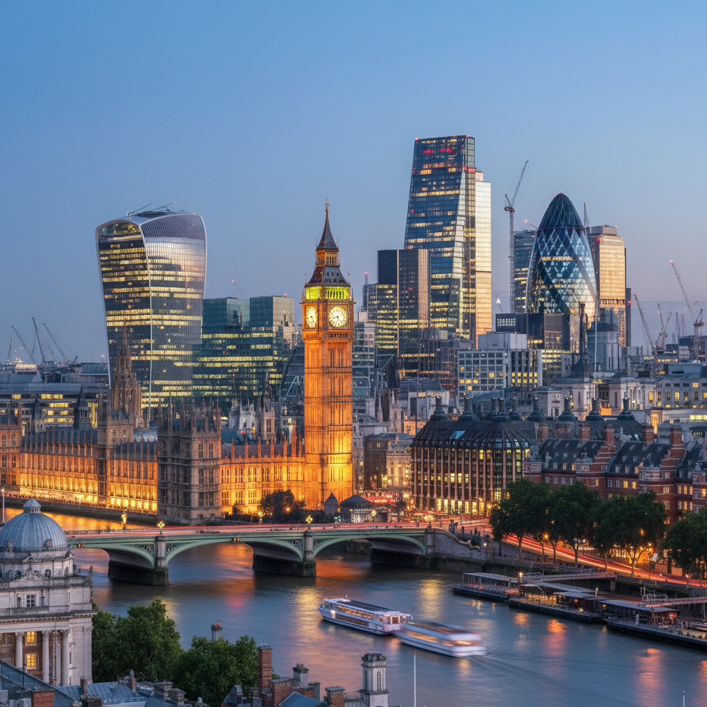 London city skyline with Big Ben in the background, business district, modern and historical architecture mix, professional photography