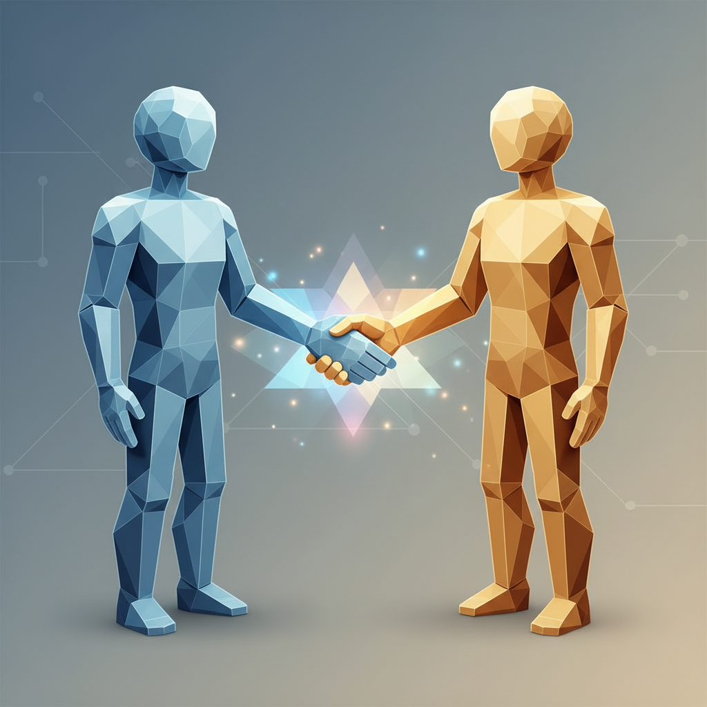 Two professional abstract figures shaking hands, stylized, geometric, corporate art style, representing partnership and agreement, soft lighting