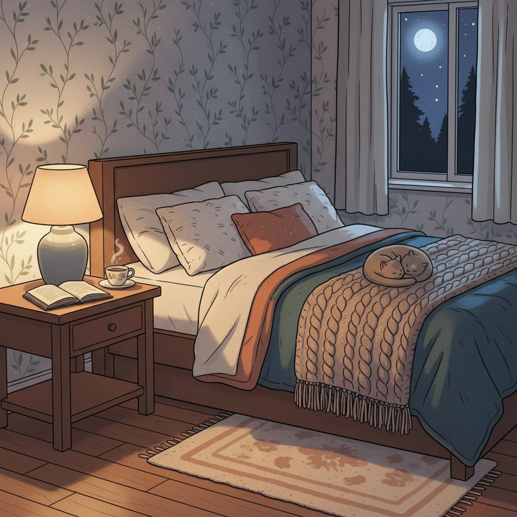 Cozy bedroom scene at night, dim lamp light, book on bedside table, no phones, peaceful atmosphere, illustration style