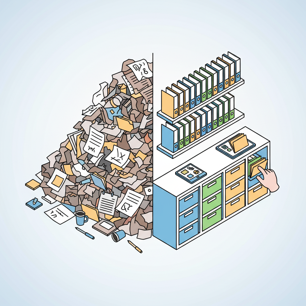 Isometric illustration of a chaotic pile of documents versus an organized filing system, clean vector style