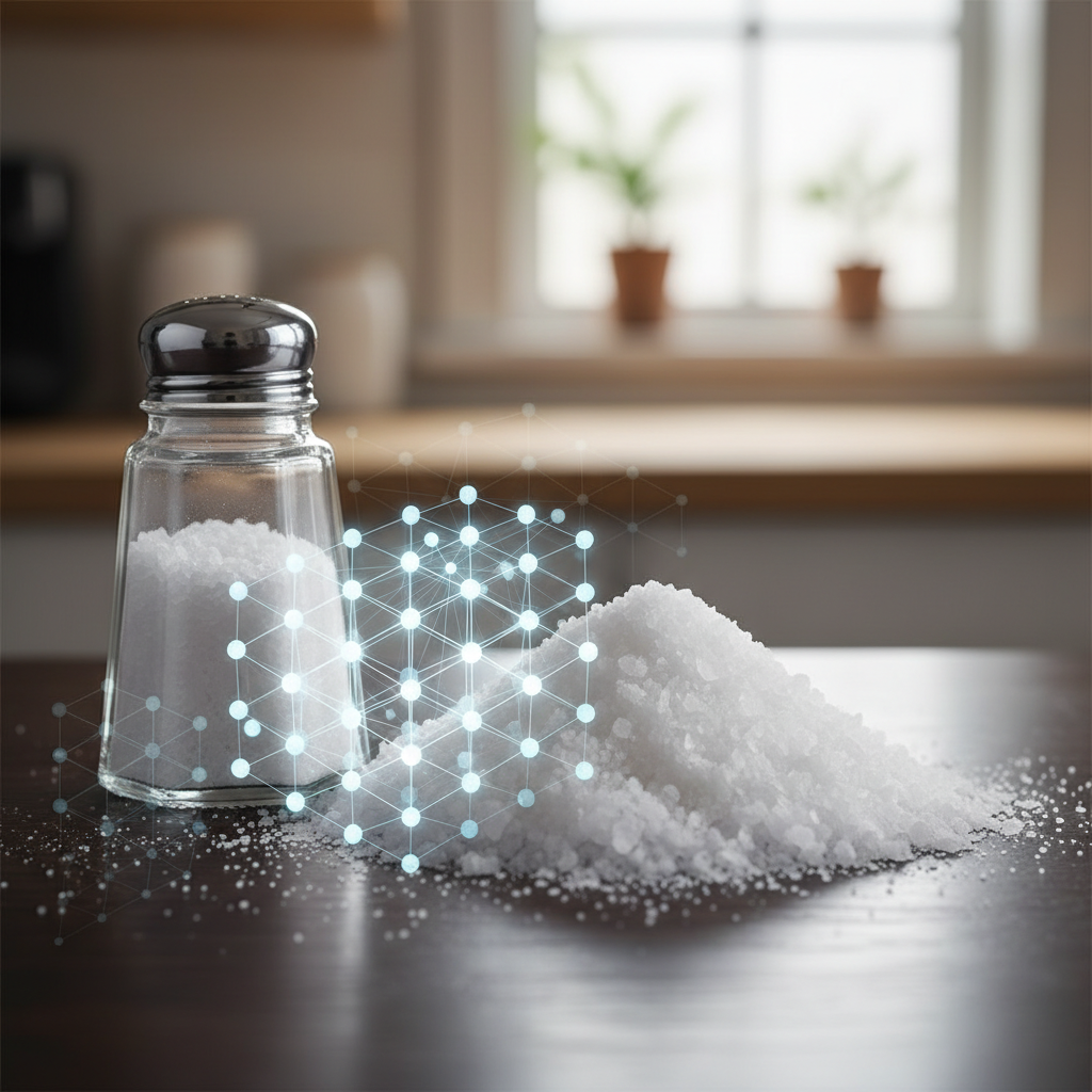 Salt shaker and pile of salt with crystal structure overlay