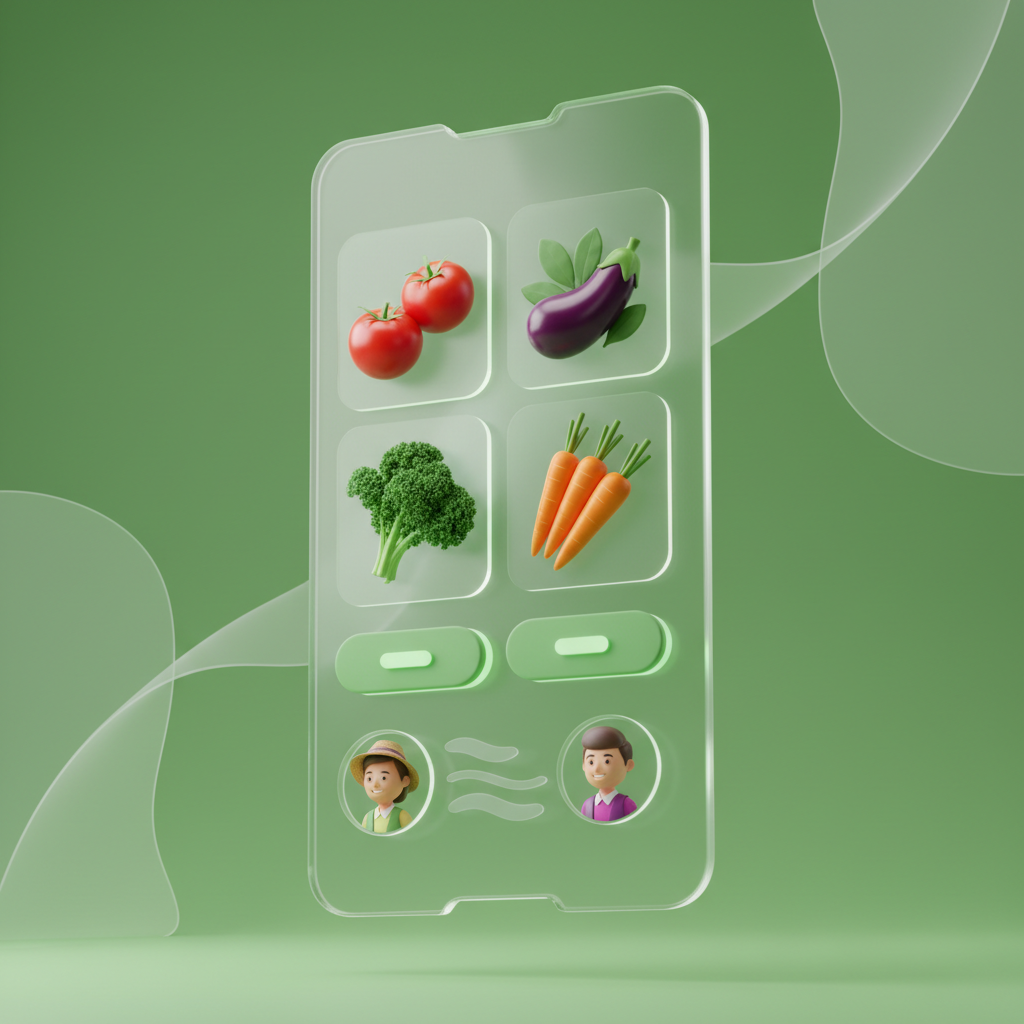 3D render of a clean smartphone app interface showing fresh vegetables for sale with 'Buy Now' buttons and farmer profiles, green theme, floating in air
