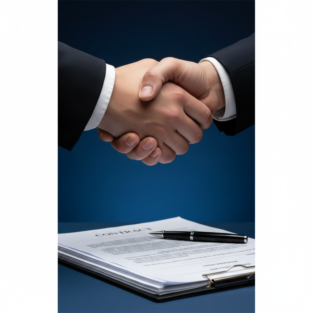 close up of handshake, business agreement, legal document contract with pen, dark blue background, professional