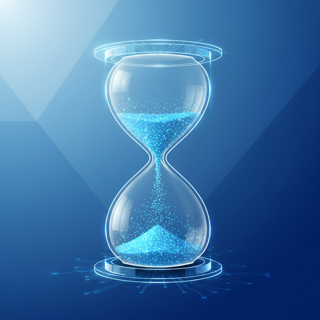 Concept art of a digital hourglass running out of sand, representing tight deadlines, blue and white color palette, professional business style