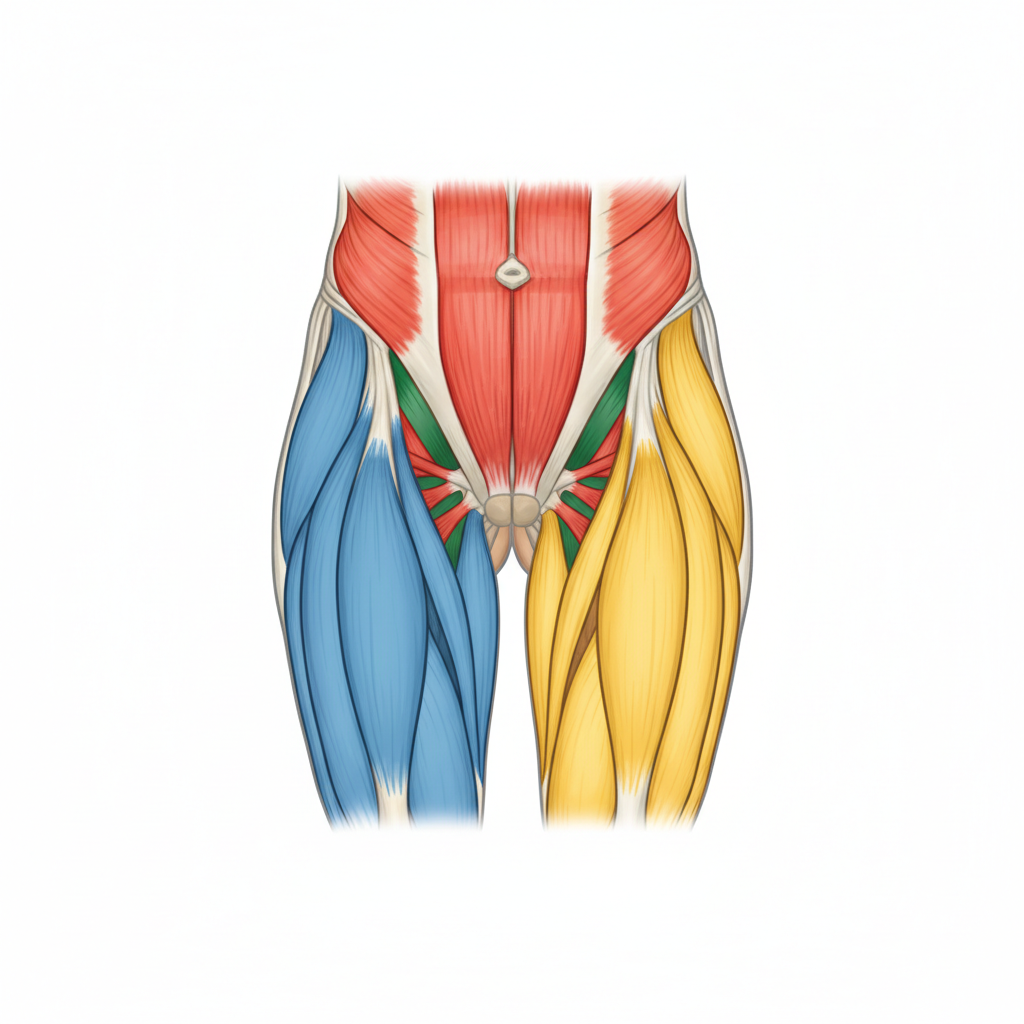Anterior view anatomical diagram of the Quadriceps Femoris group, separate colors for each muscle head