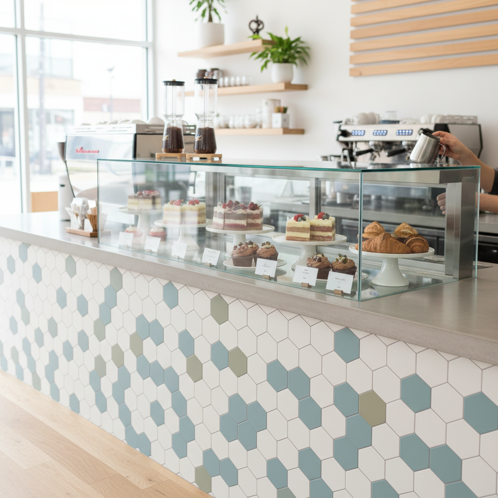Modern coffee shop counter with geometric tiles and glass display case filled with cakes, bright and welcoming