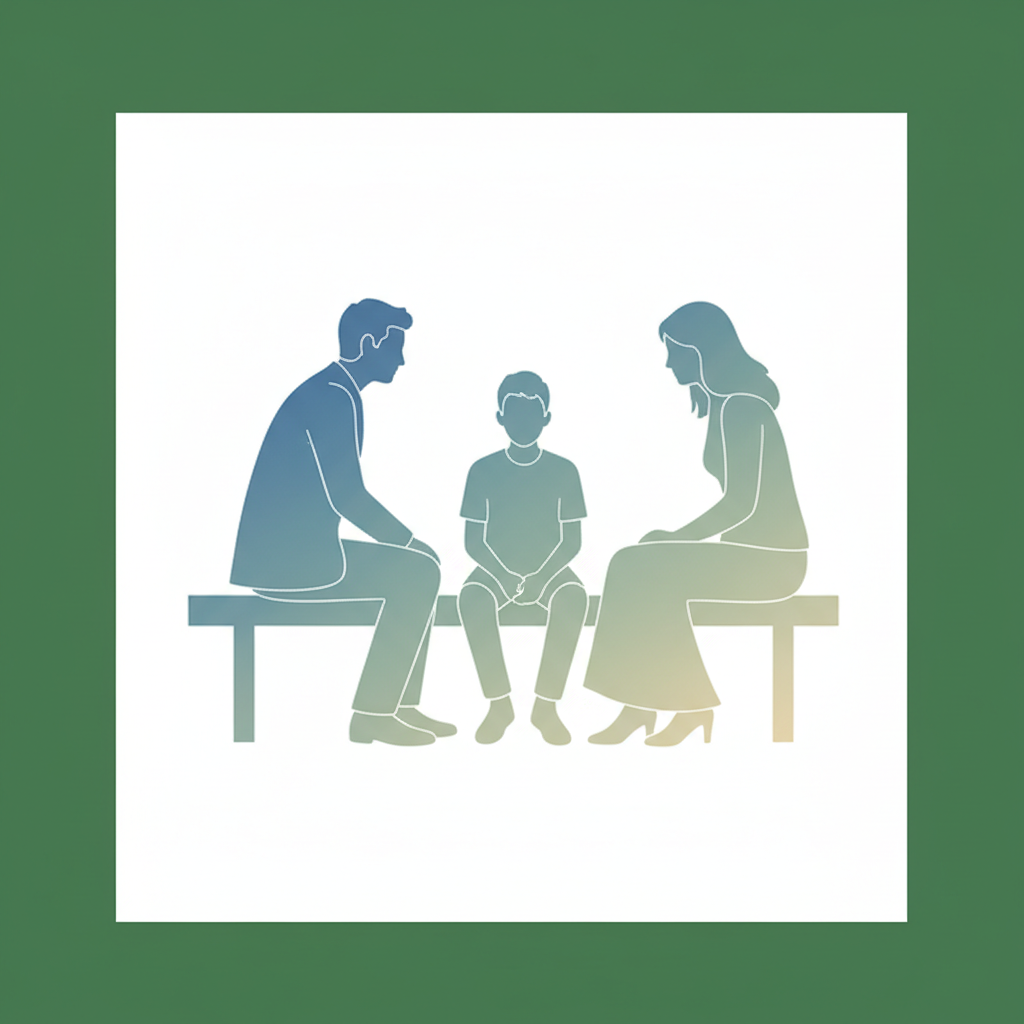 Silhouettes of two parents sitting supportively on either side of a teenager during a formal conversation, minimalist style, calm colors, white background