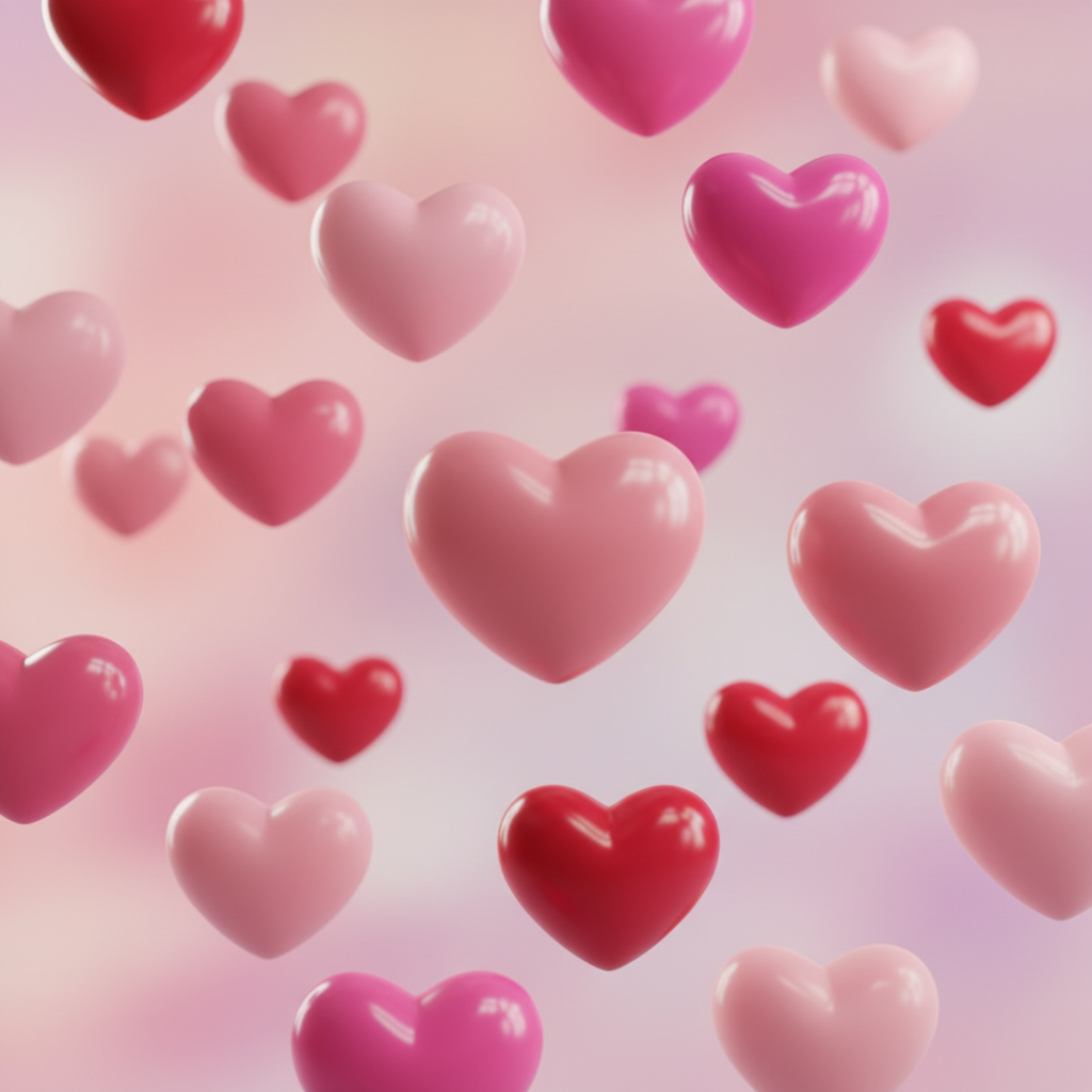 Floating 3D pink and red hearts, soft blurry background, shiny textures