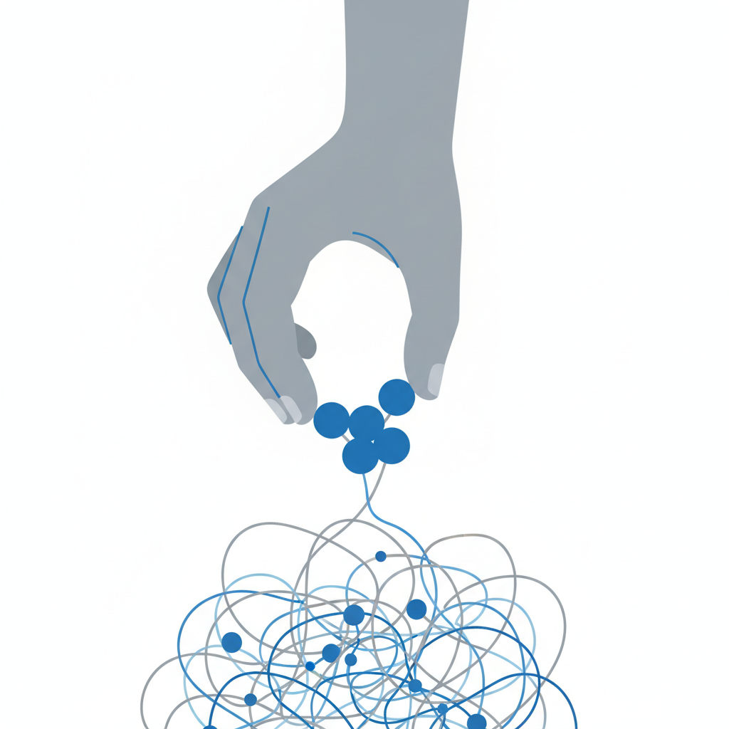 A large hand reaching down from the sky to pick blue balls from a tangled mess of strings and nodes, minimalist flat illustration style on white background