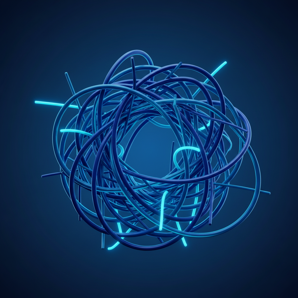 Conceptual image of a tangled knot of wires or a maze, representing confusion and complexity in finance, blue tones, minimalist