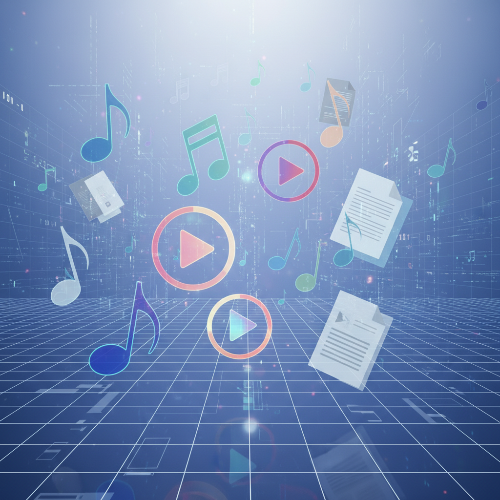 Abstract representation of multimedia elements: symbols of musical notes, video play buttons, and text documents floating in a digital 3D space, clean modern style