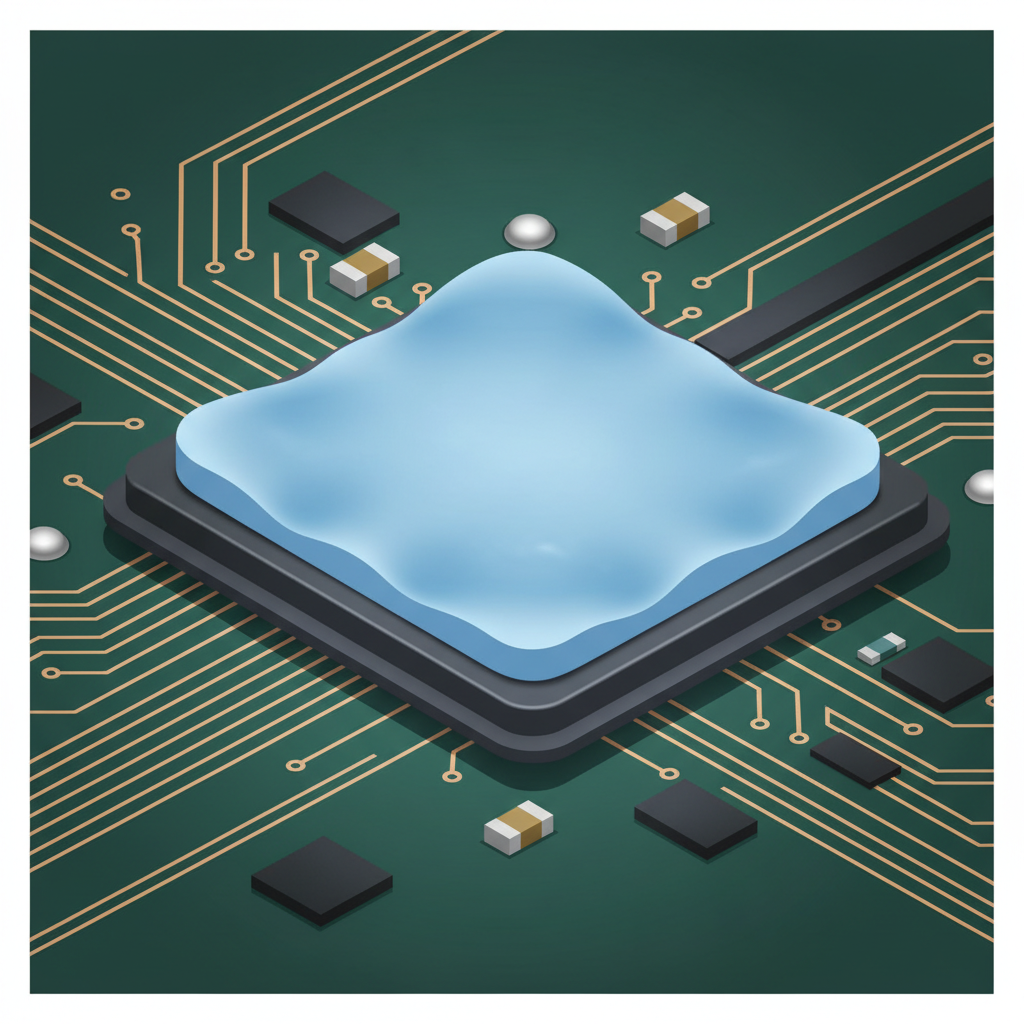 Extreme close-up of an electronic component with thermal pad thermal interface material on a PCB, technical illustration style