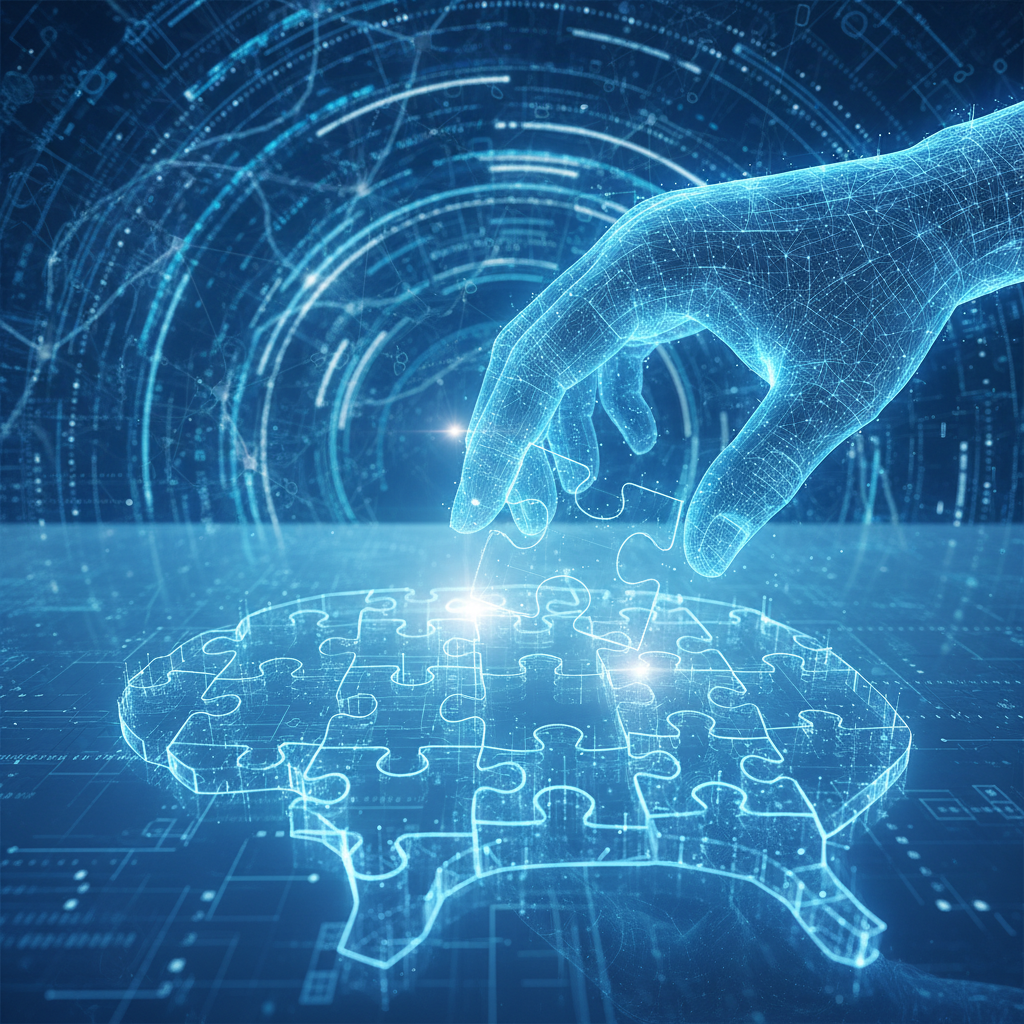 puzzle pieces being put together by a digital hand, blue technology background, concept of solution and strategy