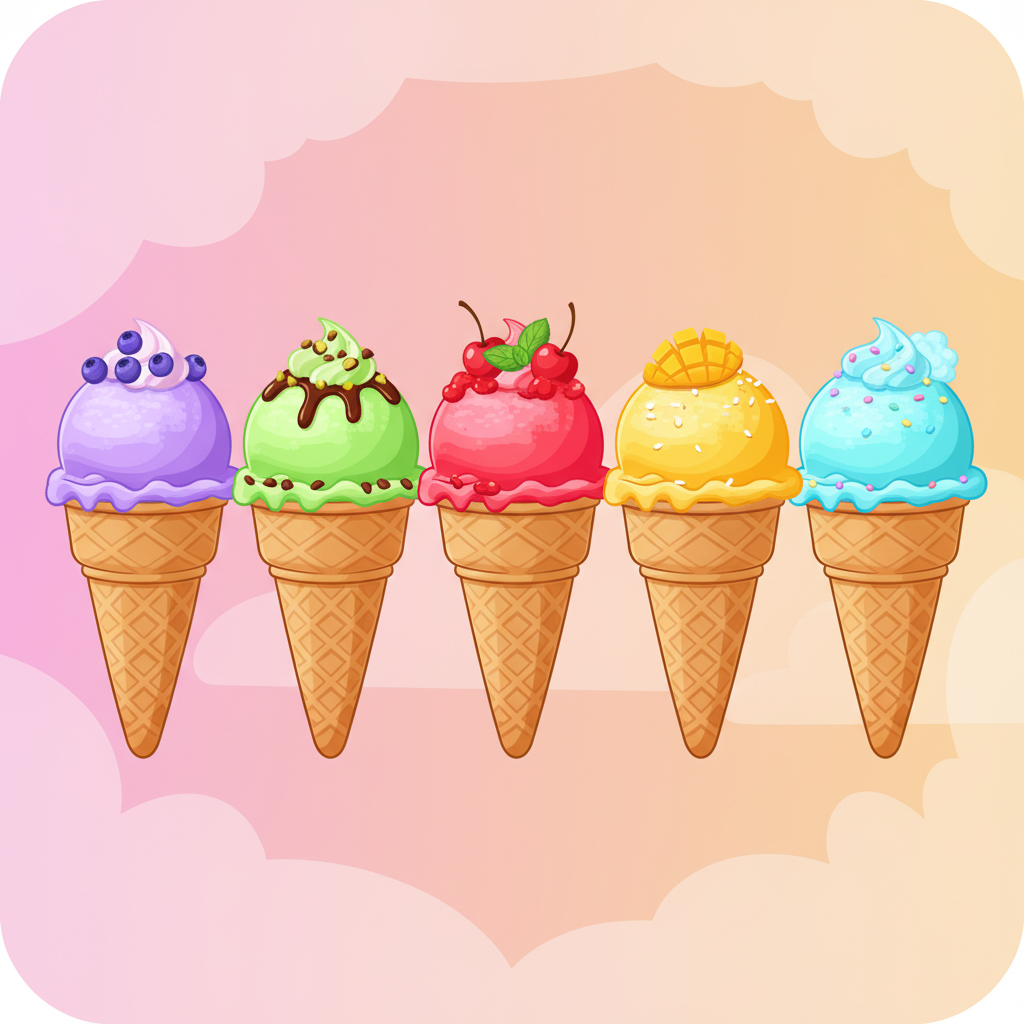 five colorful tasty ice cream cones in a row, cartoon illustration