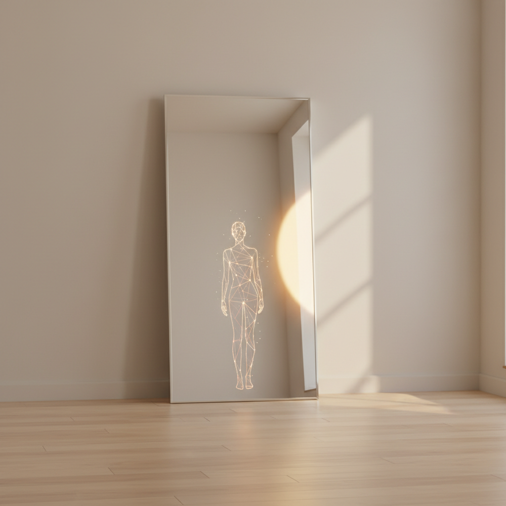 a clean mirror reflecting a soft light in an empty room, symbolism of self-reflection, clarity, peaceful, warm tones