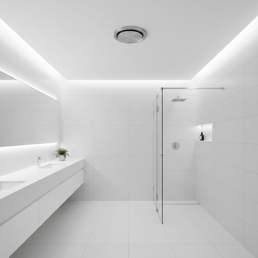 Modern bathroom interior design, focus on ceiling ventilation fan, clean white tiles, glass shower screen, architectural photography style